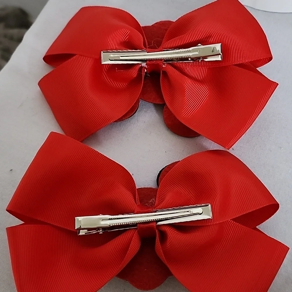 Pair of Red and Black Ribbon Mickey Mouse Polka Dot Hair Bow Clips